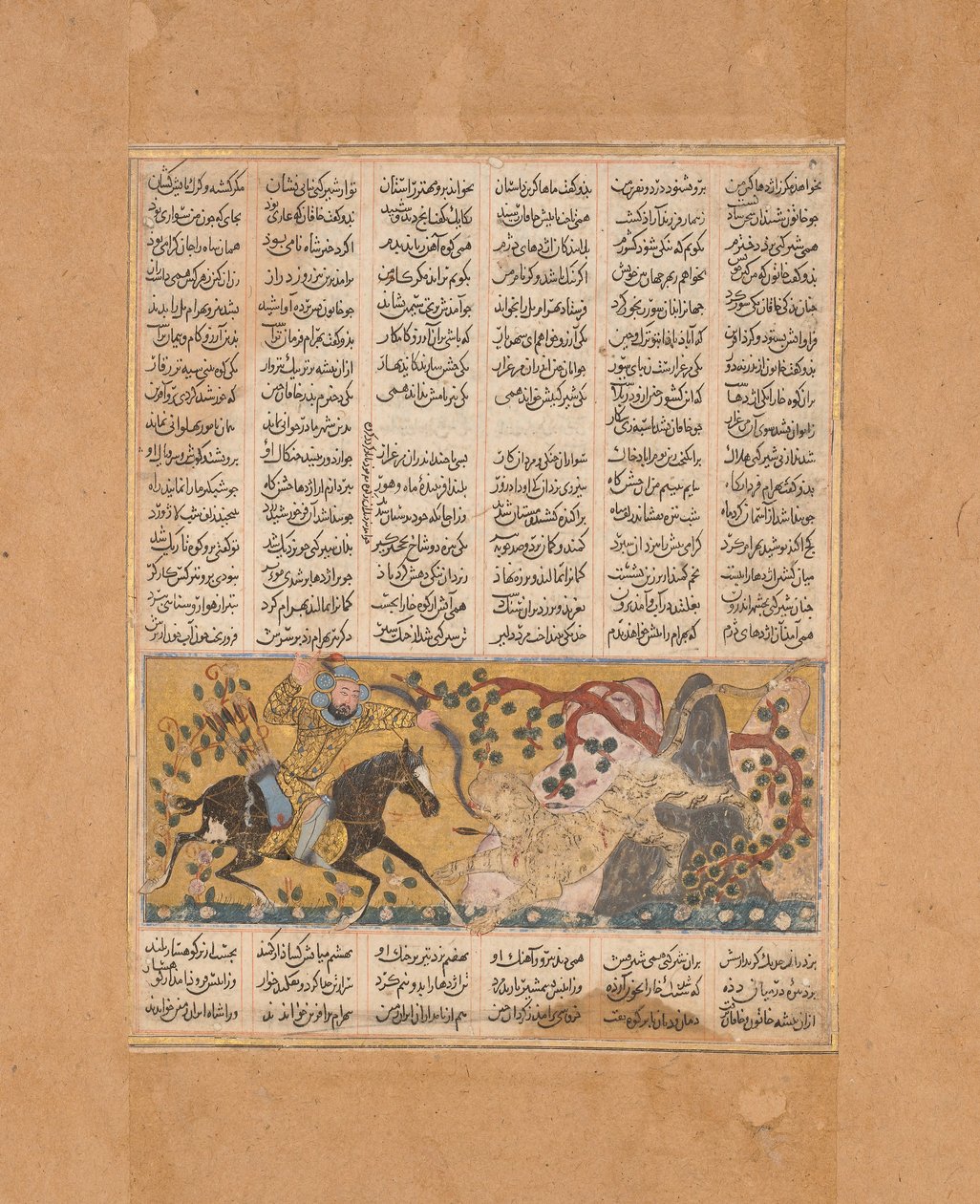 Bahram Chubina Mata o Monstro Macaco em Forma de Leão, Folio de um Shahnama..., ca. 1300-30. de Unbekannt