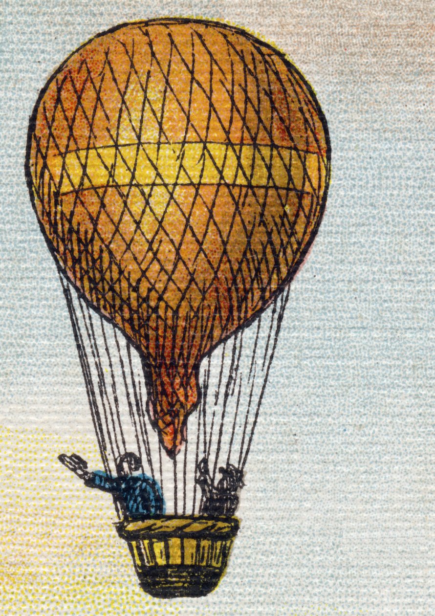 Balão. Gravura em "Alfabeto de ma petite fille". Bernardin-Bechet e Fils, livreiros-editores, Paris, por volta de 1895. Álbum inquebrável em lona. Bibliotheque des Bebes. 12 páginas. Álbum contendo um método de leitura e um abecedário ilustrativo. Dim: de Unbekannt