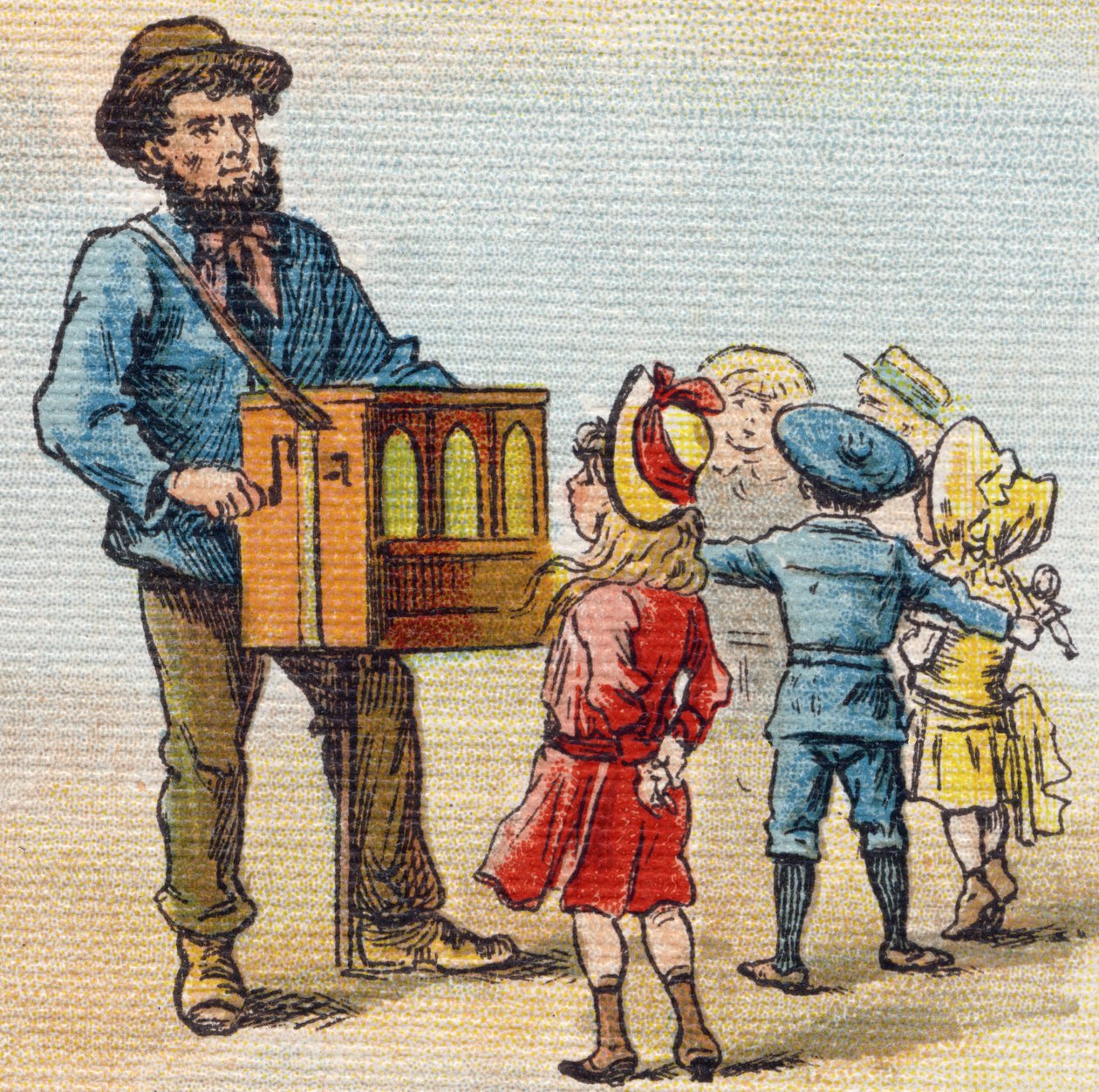 Órgão da Barbária. Gravura em "Alfabeto de ma petite fille". Bernardin-Bechet e Fils, livreiro-editores, Paris, por volta de 1895. Álbum inquebrável em lona. Bibliotheque des Bebes. 12 páginas. Álbum contendo um método de leitura e um abecedário ilustrativ de Unbekannt