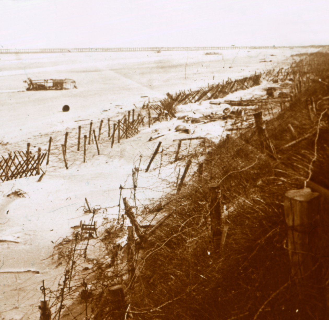 Barreiras de arame farpado na praia, Nieuwpoort-Bad, Flandres, Bélgica, c1914-c1918 de Unbekannt