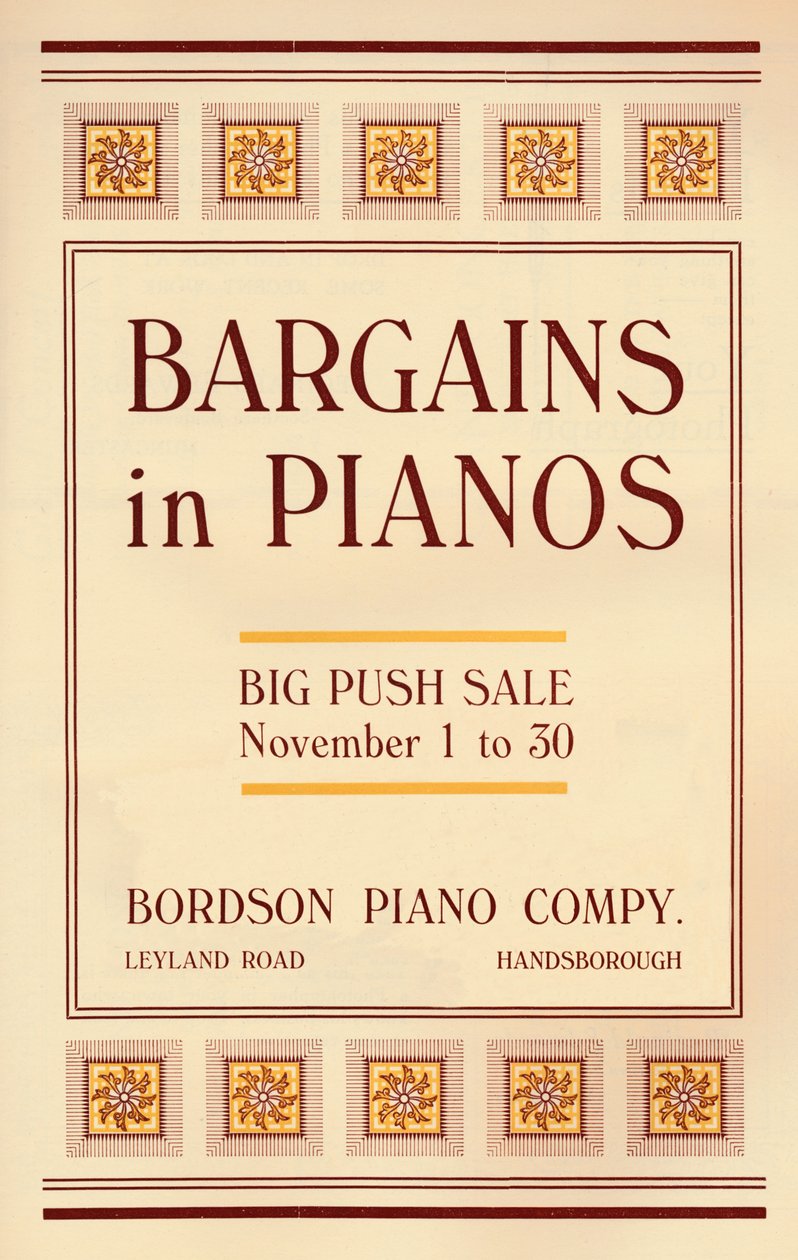 Pechinchas em Pianos - Anúncio da Bordson Piano Companys, 1916 de Unbekannt