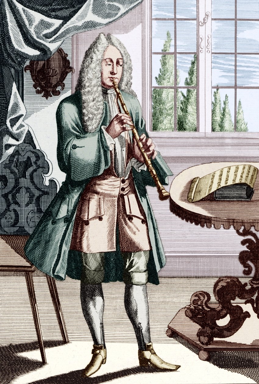 Legenda do músico oboé barroco - Homem tocando hautboy (ou hautbois) que é oboé precoce Gravado por J C Weigel (1661-1726) do Musikalisches Theatrum. de Unbekannt