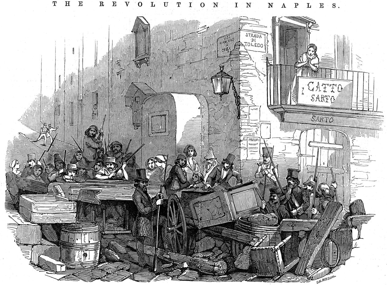 Barricada na Strada di Toledo, pouco antes do ataque, Revolução em Nápoles, 15 de maio de 1848 de Unbekannt