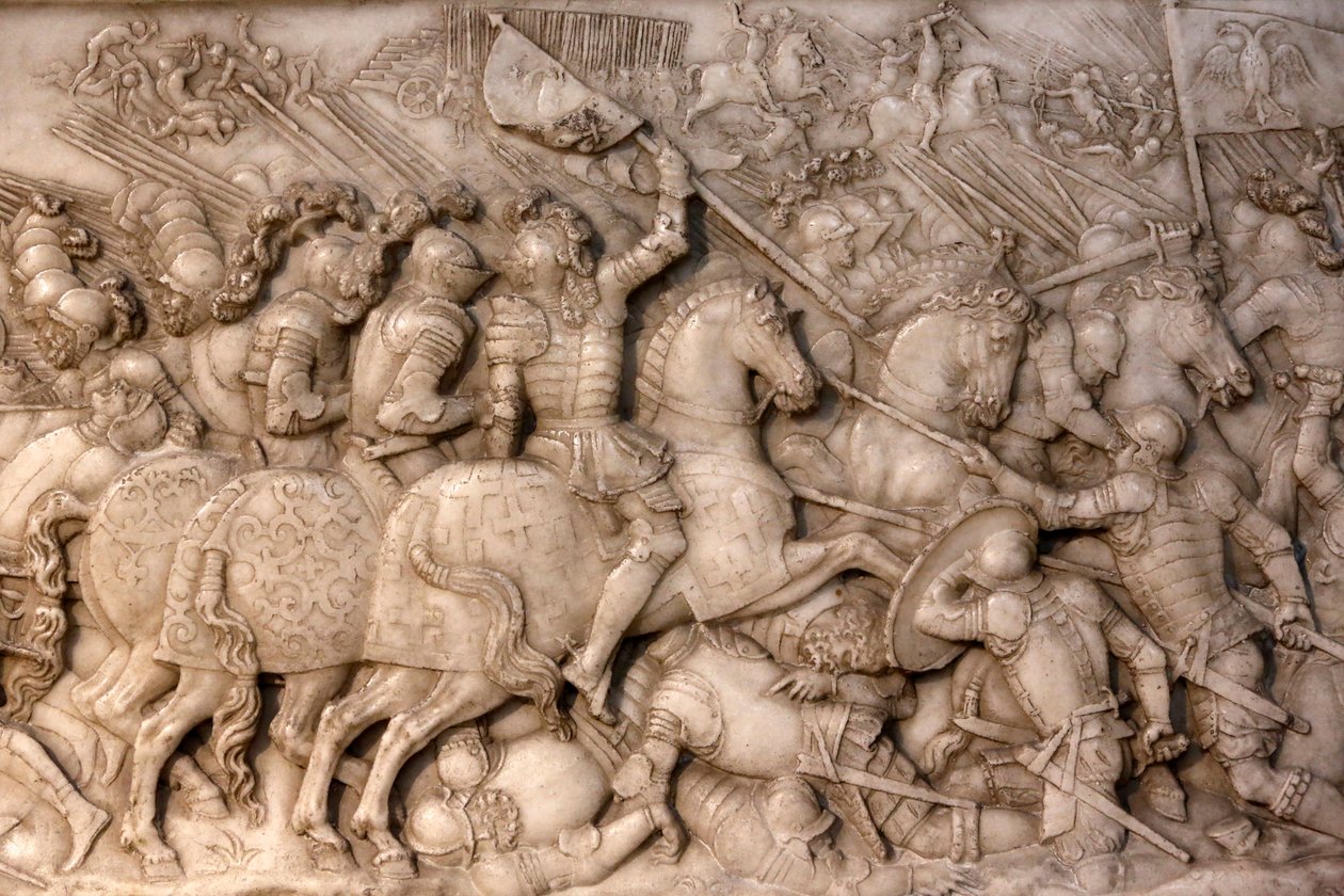 Basílica de St., Denis, Túmulo de Francisco 1 rei de França e Claude de França, o baixo relevo da Fundação, representação da batalha de Cerisoles, aqui a cavalaria francesa enfrentando as tropas Imperiais, Saint-Denis, França de Unbekannt