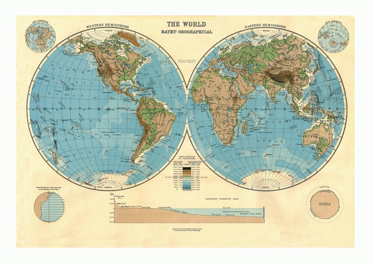 Mapa Bathy-Orográfico do Mundo, c1920s de Unbekannt