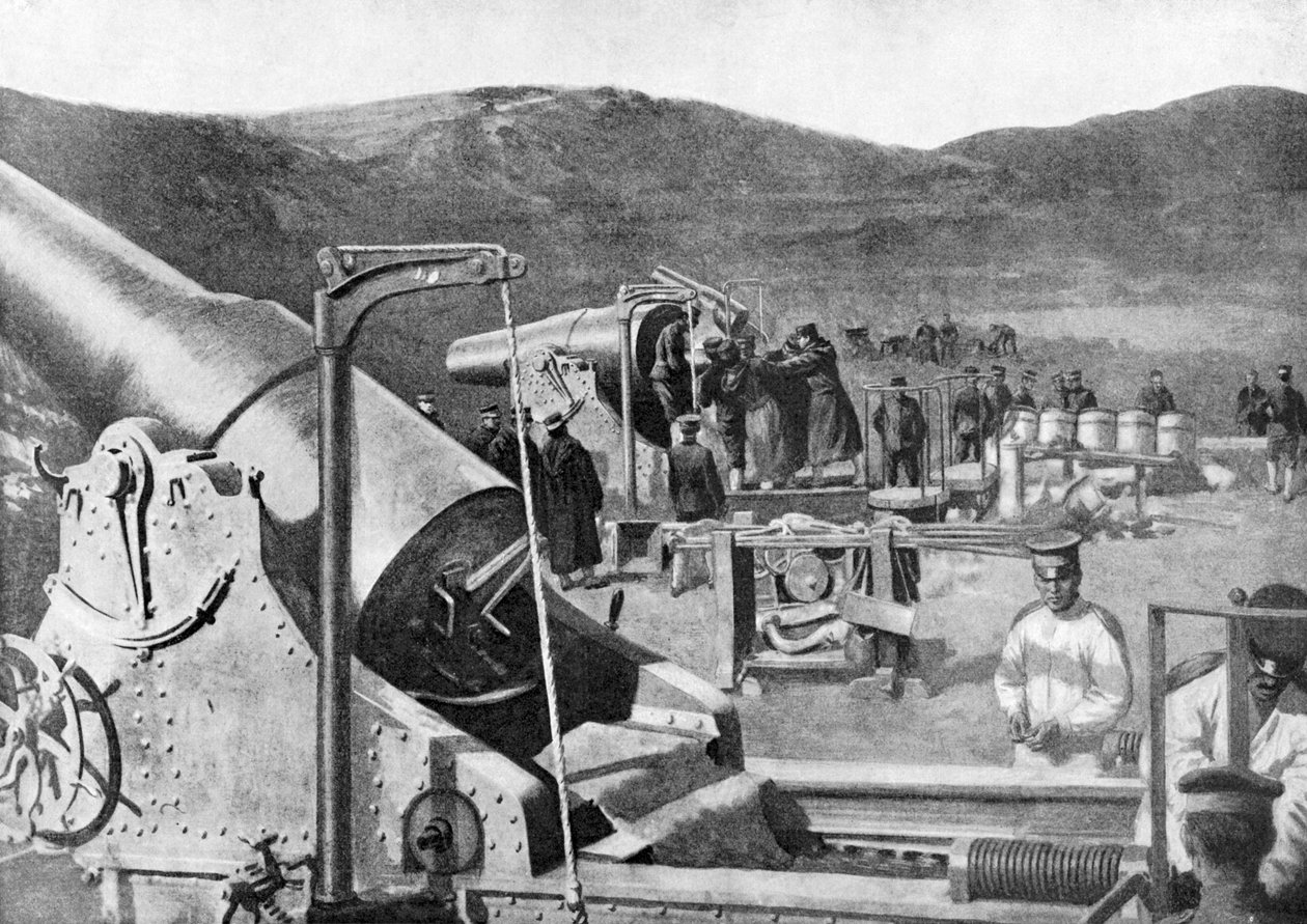 Bateria de armas de cerco japonesas bombardeando Port Arthur, Guerra Russo-Japonesa, 1904-5 de Unbekannt
