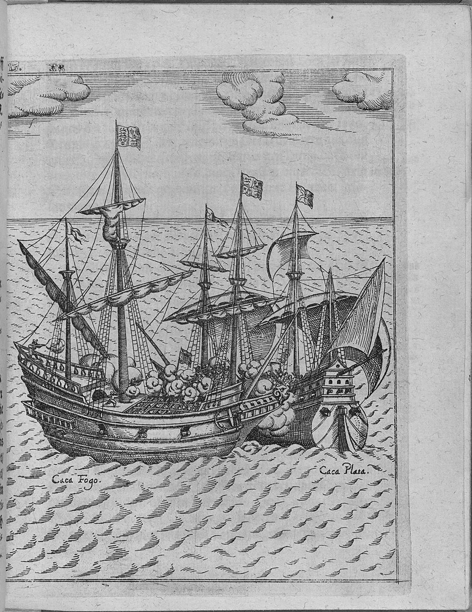 Batalha entre o navio Francis Drakes Golden Hind e o navio espanhol Cacafuego. De Levinus Hulsiu de Unbekannt