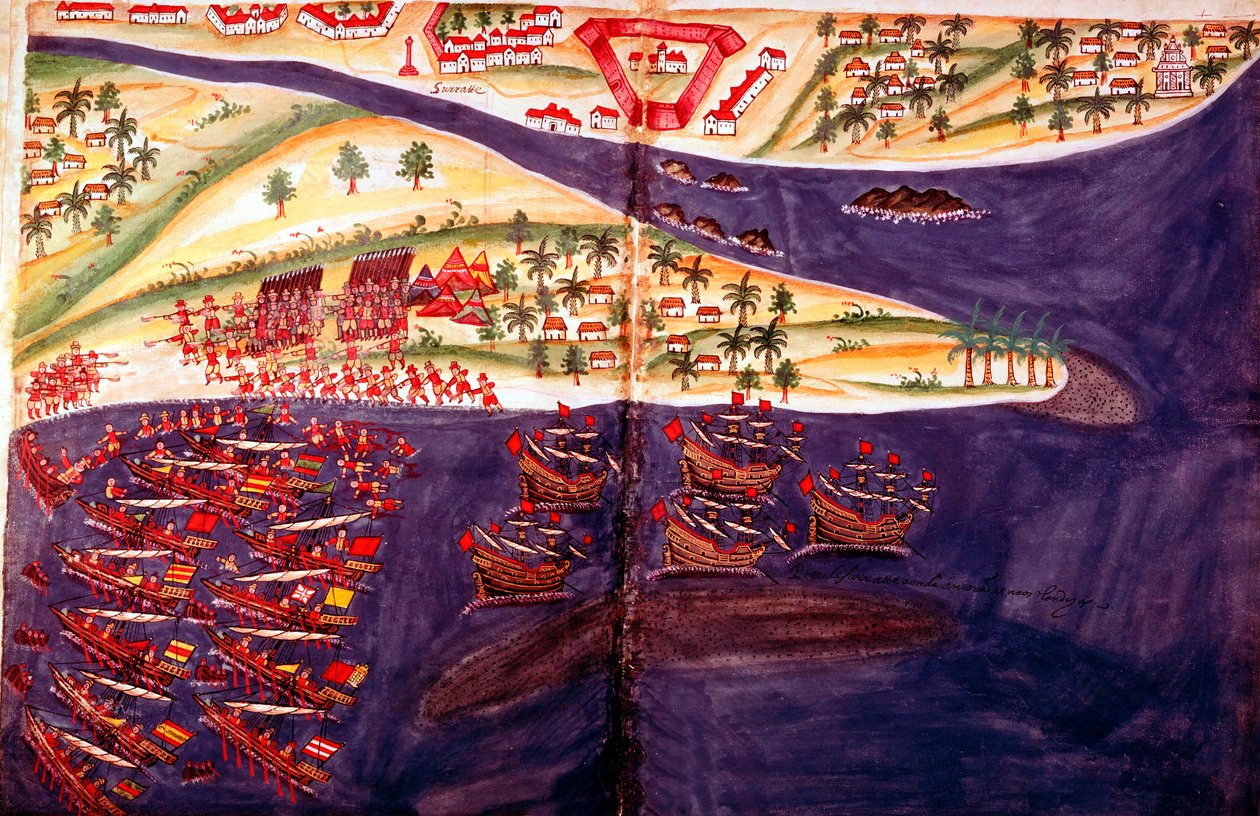Batalha entre muçulmanos e portugueses em Surat, Gujarat, perto de Bombaim, Índia, século XVI de Unbekannt