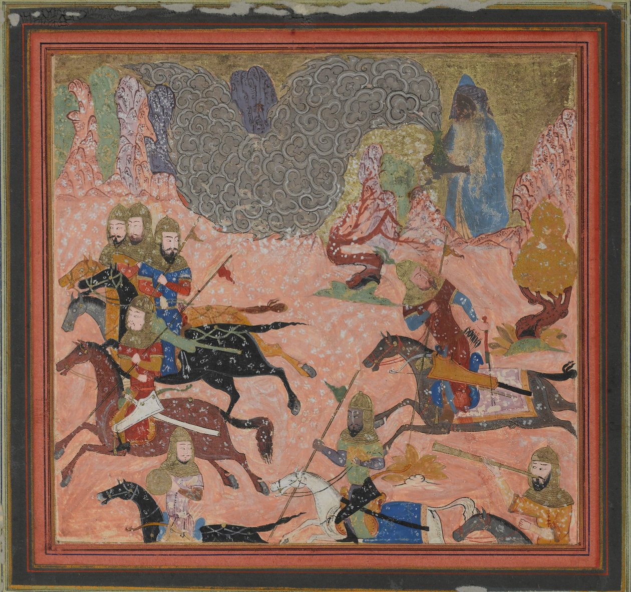 Bazur, o Mago, Levanta a Escuridão e uma Tempestade, Folio from a Shahnama..., ca. 1430-40. de Unbekannt