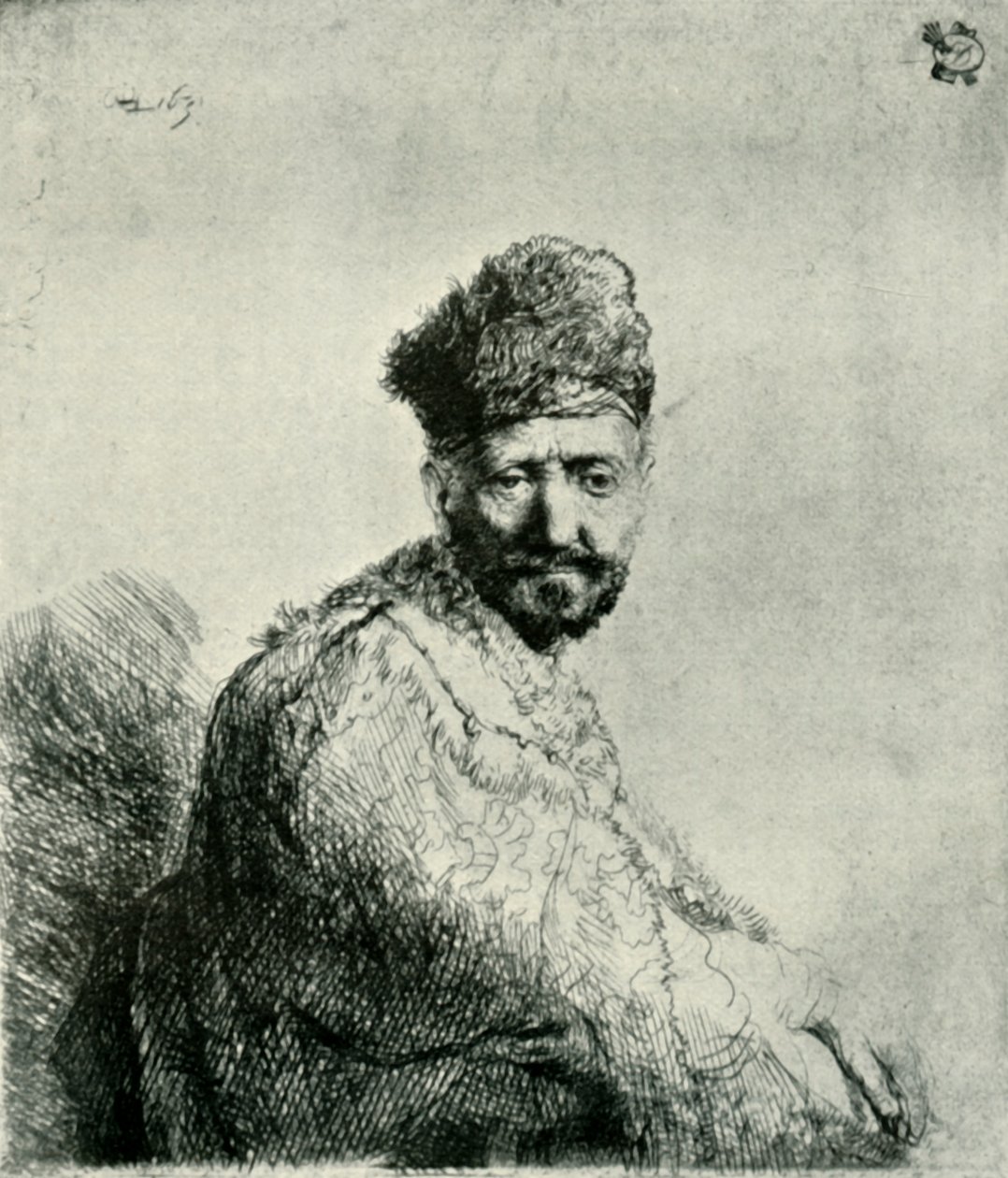 Homem barbudo, de boné e manto oriental de peles: pai dos artistas, 1631, 1906. de Unbekannt