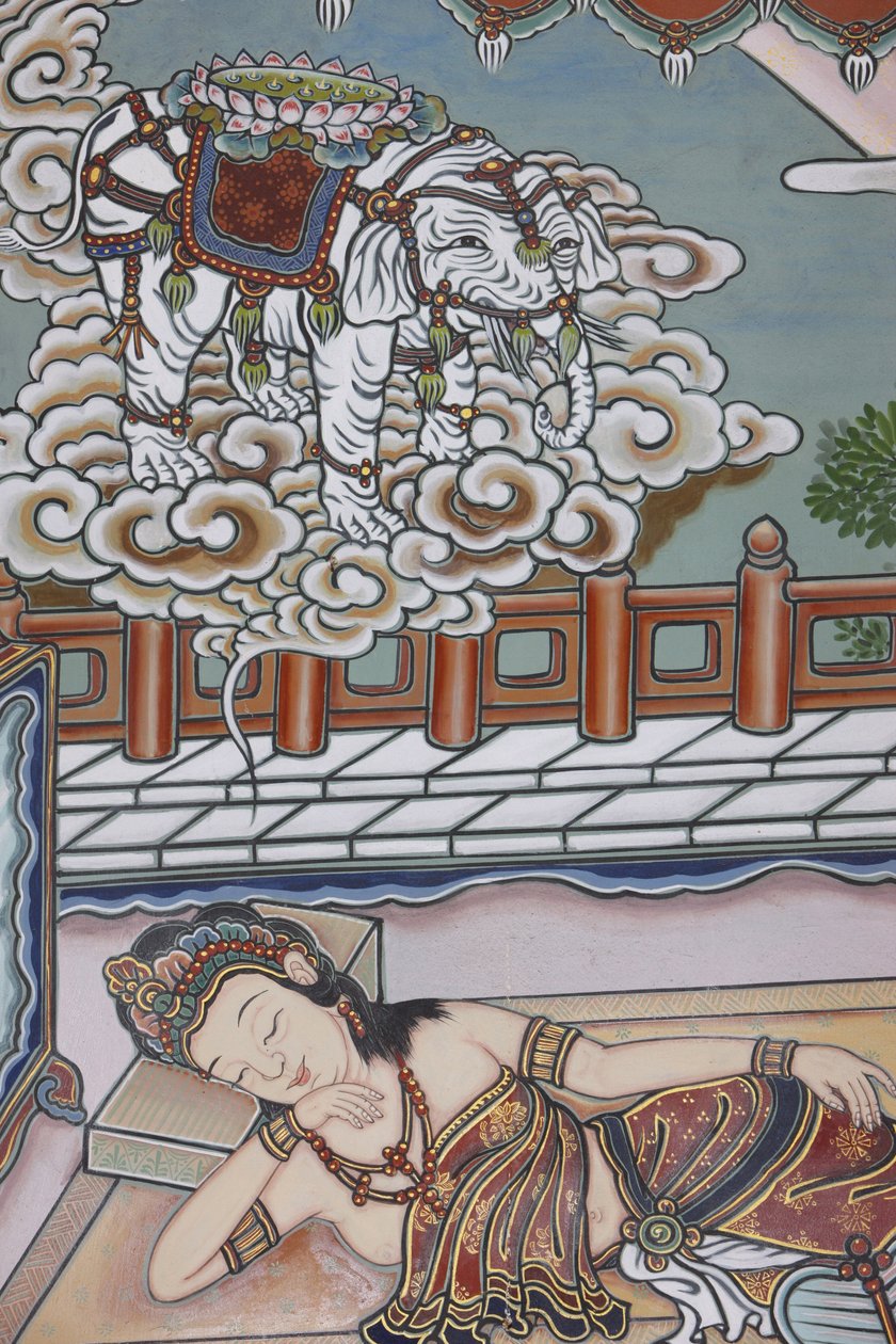 Antes do nascimento de Siddartha Gautama, sua mãe sonhava com um elefante branco apresentando-lhe uma flor de lótus, Seul, Coree du Sud. de Unbekannt
