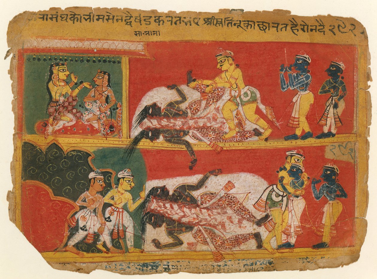 Bhima Slice Jarasandha: Páginas do Manuscrito Bhagavata Purana, ca. 1540. de Unbekannt