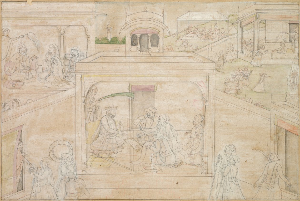 Consulta de Bhimas com o astrólogo: cena dos desenhos de Nala-Damayanti, c. 1790-1800. de Unbekannt