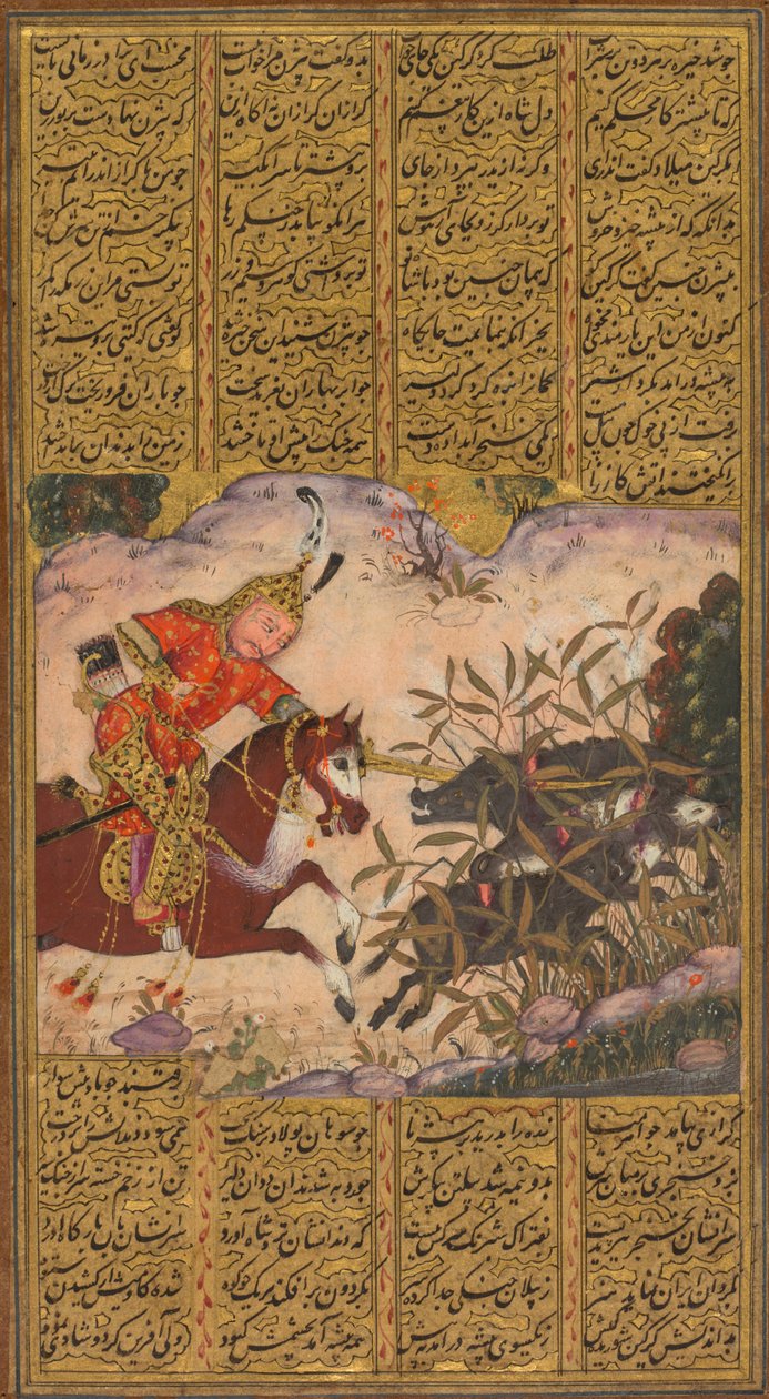 Bijan matando os javalis de Irman, de um Livro dos Reis de Firáusi de Shah-nama ..., c. 1610 de Unbekannt