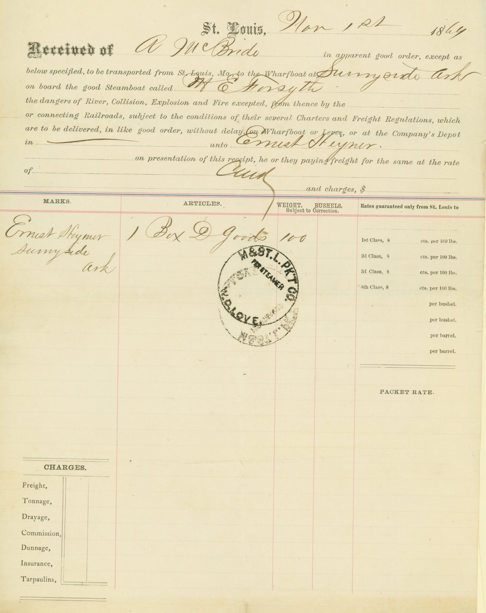 Conhecimento de embarque, barco a vapor M[ary] E. Forsyth, Sunnyside, Arkansas, 1 de novembro de 1864 de Unbekannt