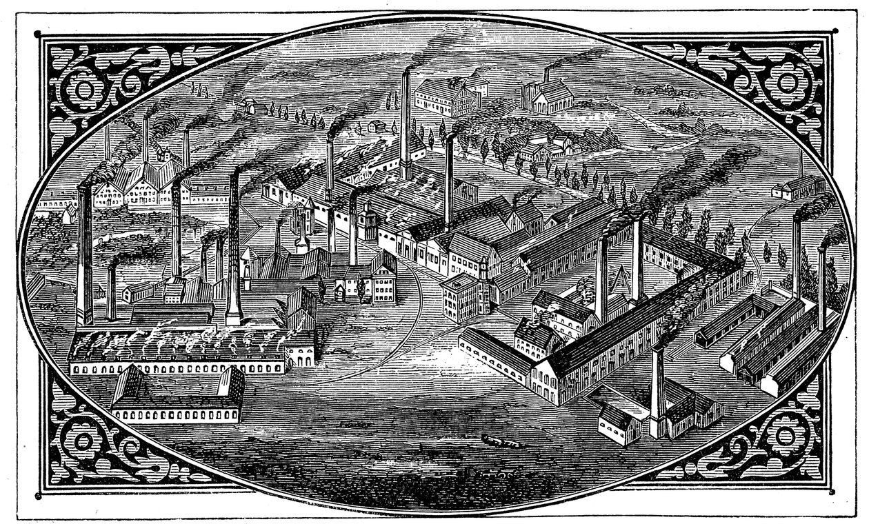 Vista panorâmica das obras de Krupps, Essen, Alemanha, 1876 de Unbekannt