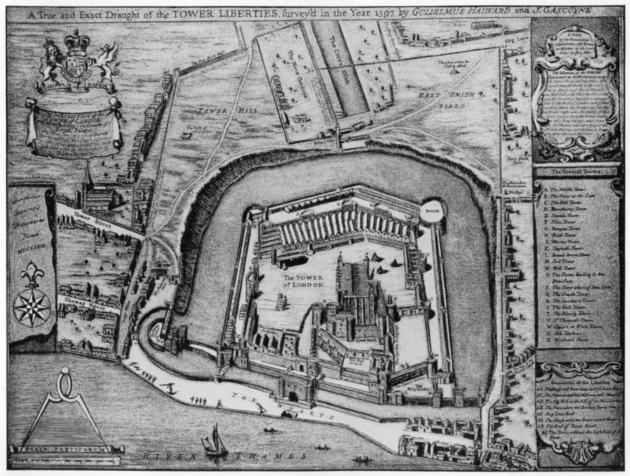 Pássaros olho vista da torre e liberdades como eles apareceram em 1597, Londres, século 20. de Unbekannt