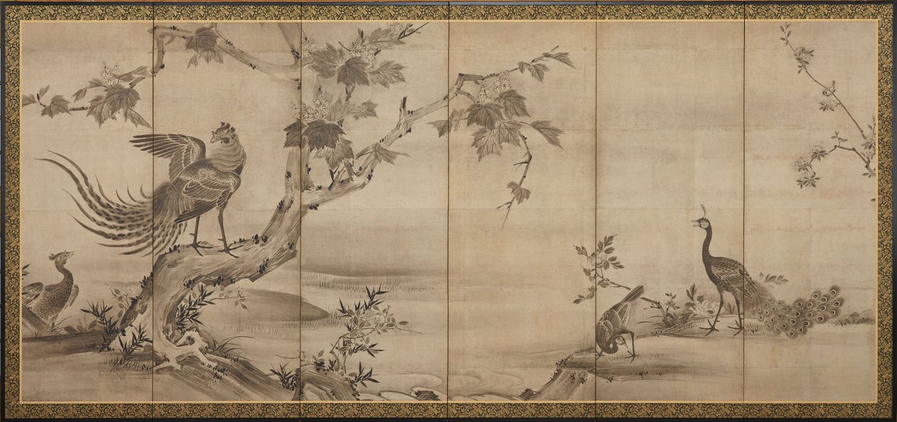 Pássaros, flores e árvores: ao fundo, bambus, período Momoyama, 1568-1615. de Unbekannt