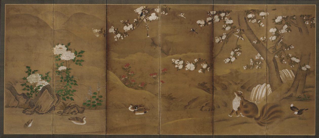 Pássaros, flores das estações e gatos-almiscarados, período Muromachi ou Momoyama, século XVI. de Unbekannt