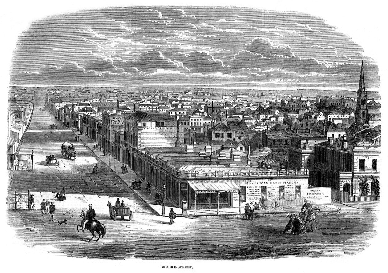 Bourke Street, Melbourne, Austrália, 1863 de Unbekannt