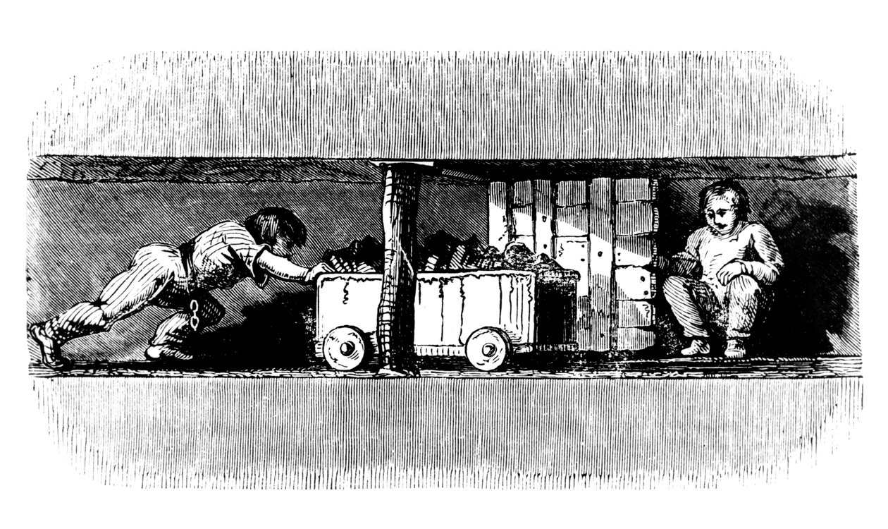 Menino empurrando um caminhão carregado com carvão da face do carvão para o fundo do poço do poço, c1848 de Unbekannt