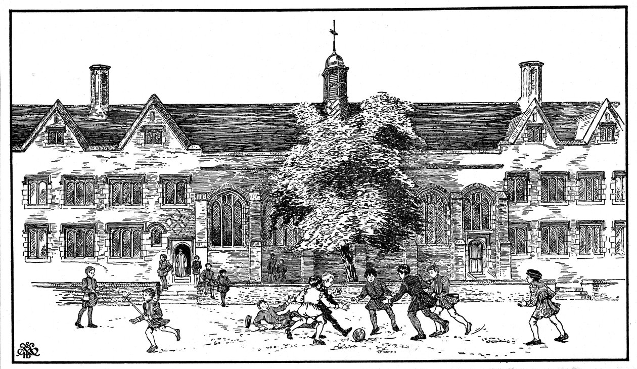 Garotos do tempo Tudor jogando futebol na Berkhamsted Grammar School, Hertfordshire de Unbekannt