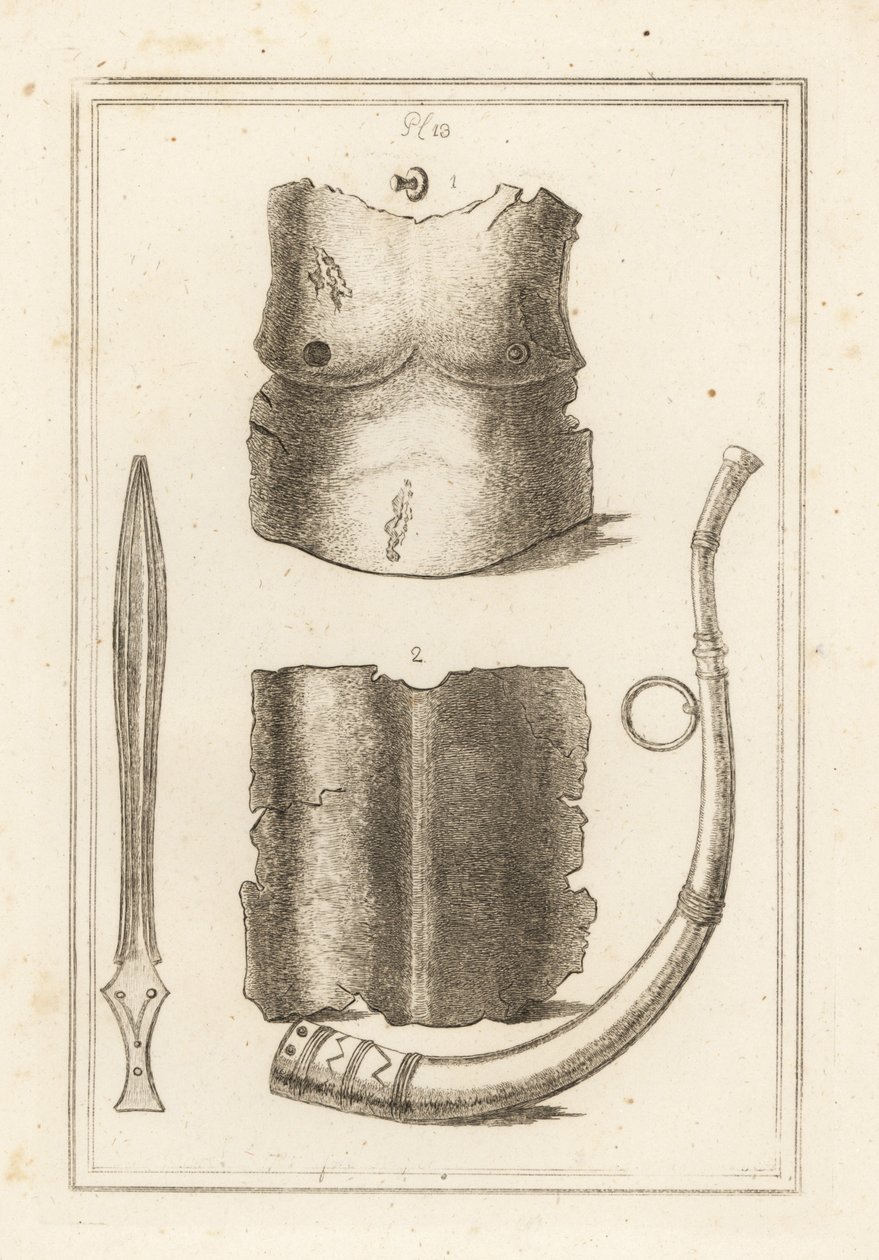 Placa de peito e contra-peça da antiga cuirass romana 1,2, lituus romanos ou trombeta militar 3 e espada de latão antiga 4 de Unbekannt