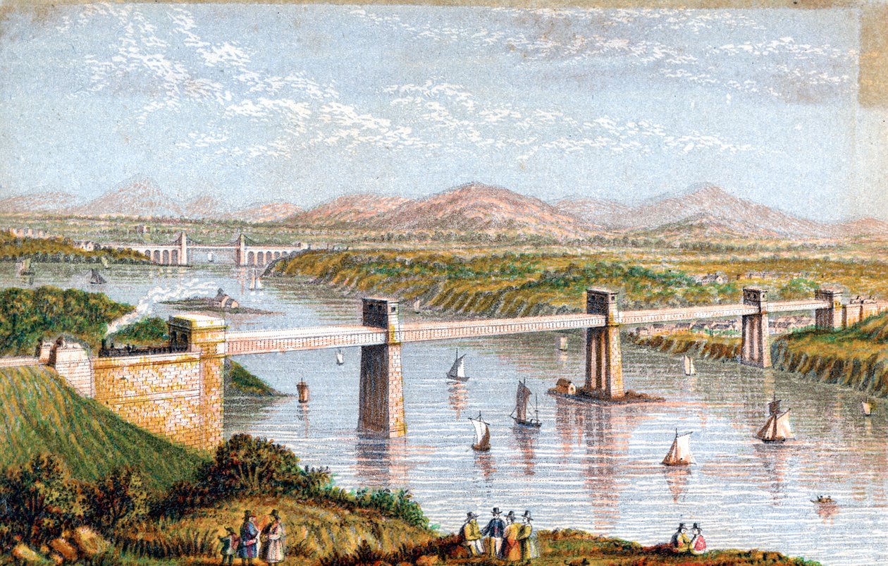 Ponte tubular Britannia sobre o estreito de Menai, país de Gales, c1850s de Unbekannt