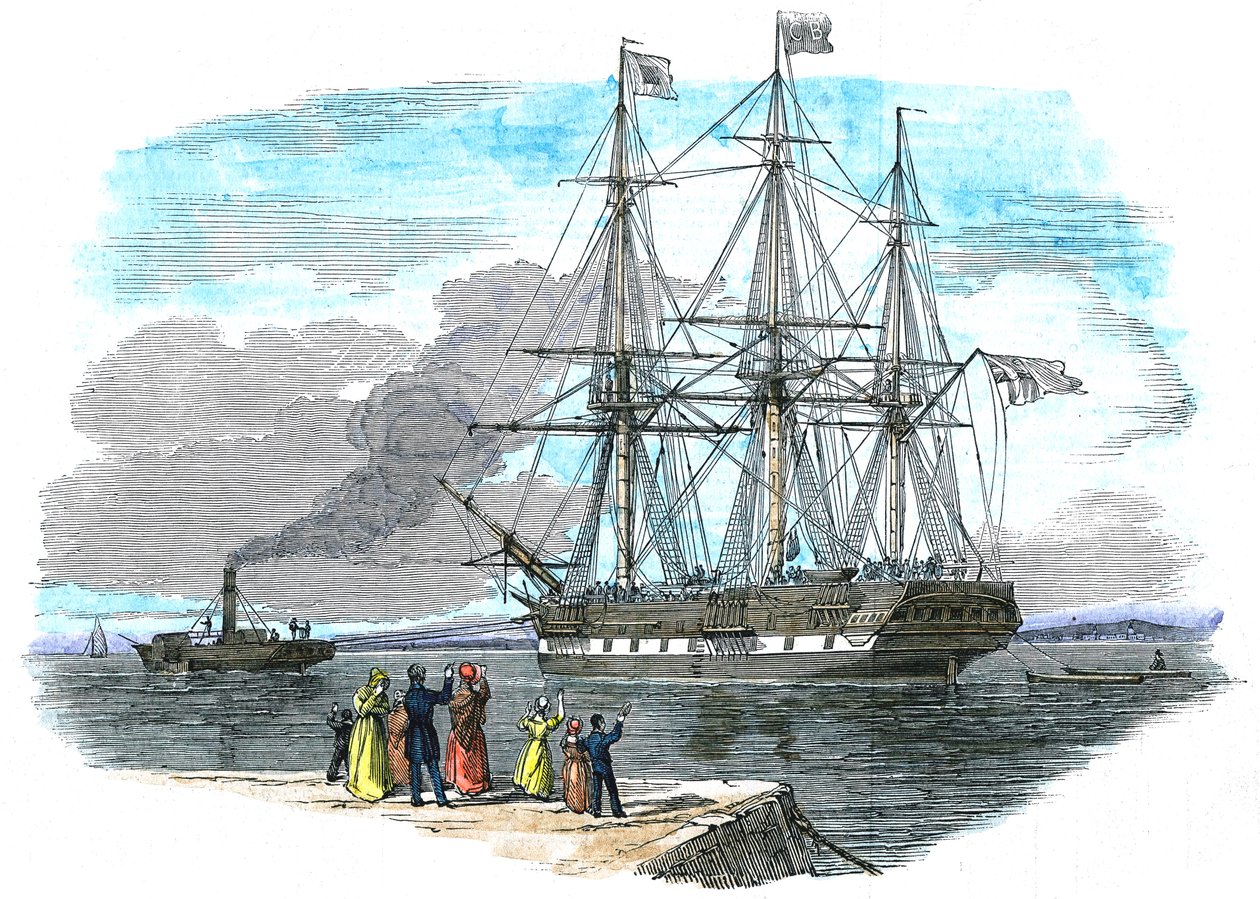 Navio britânico de emigrantes sendo rebocado para fora do porto antes de zarpar para Sydney, Austrália de Unbekannt