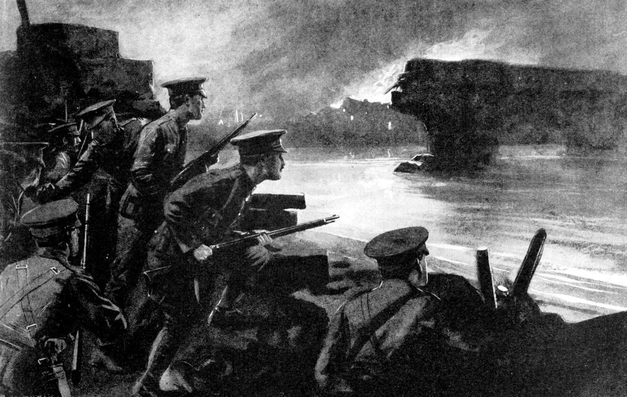 Tropas britânicas na margem do rio preparadas para o avanço alemão, Bélgica, Primeira Guerra Mundial, 1914 de Unbekannt