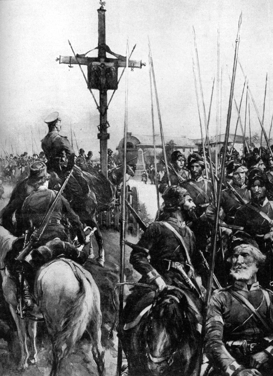 Tropas britânicas passando por uma vila galega, Espanha, Primeira Guerra Mundial, 1914 de Unbekannt