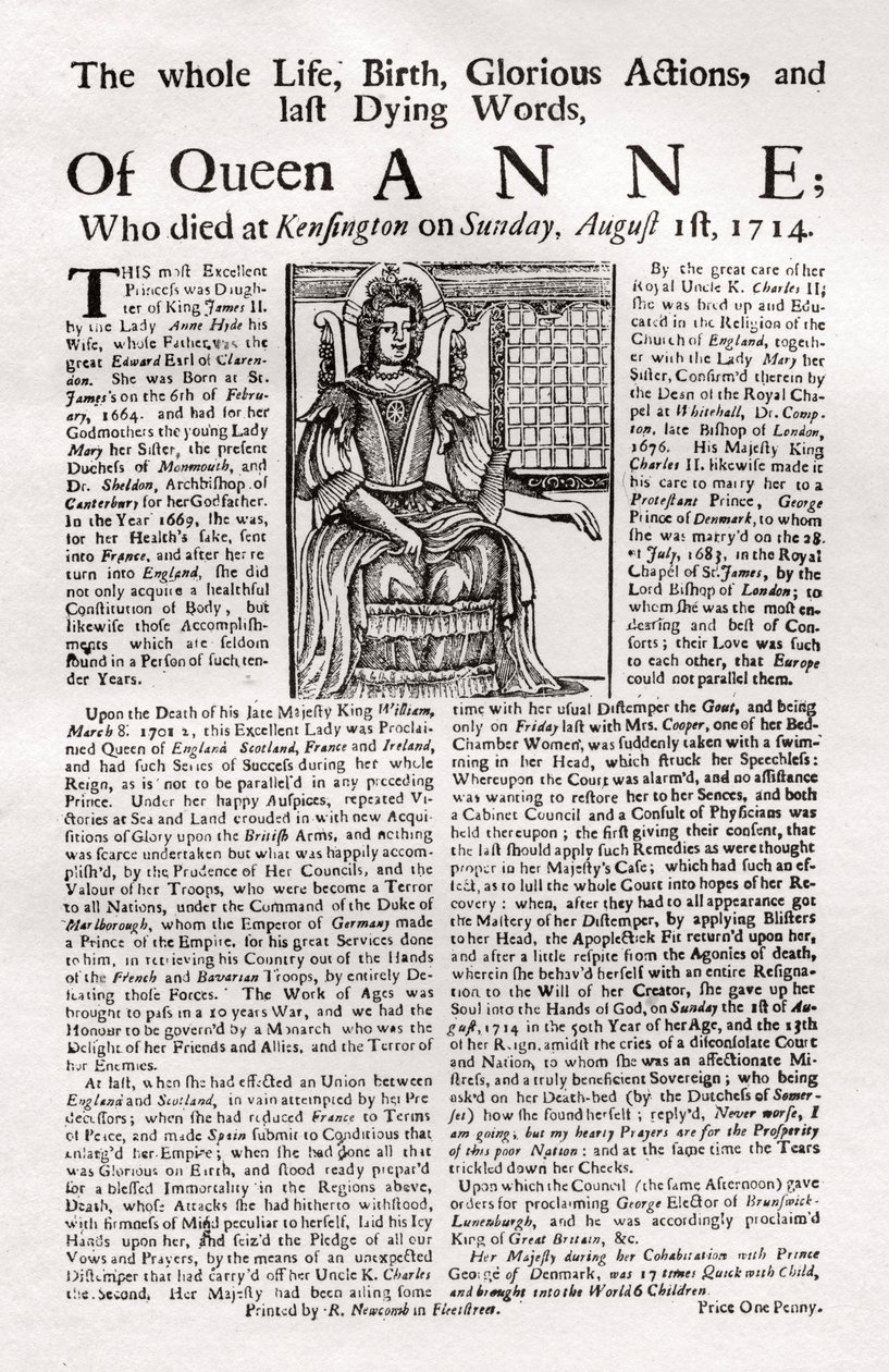Broadside publicado sobre a morte da rainha Anne, 1714 1906 de Unbekannt