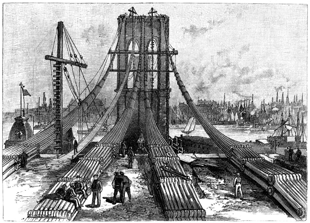 Ponte suspensa de Brooklyn, Nova York, EUA: ancoragem de cabos na costa do Brooklyn, 1883 de Unbekannt