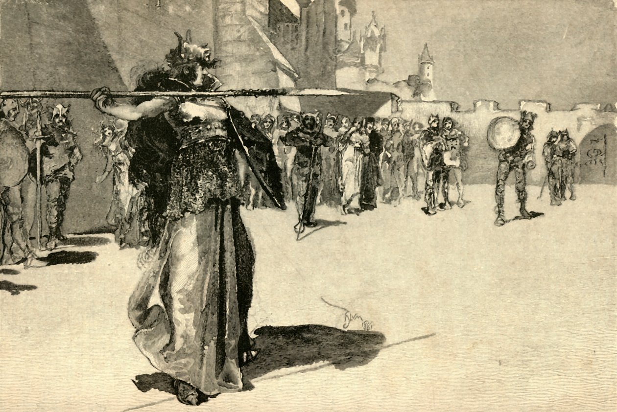 Brunhild, a rainha guerreira, lança sua lança no escudo de Gunthers, 1882. de Unbekannt