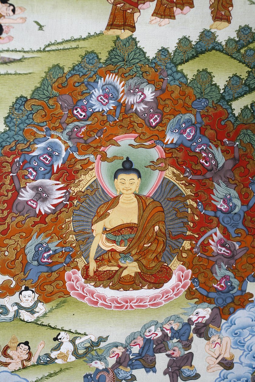 Buddha Sakya Muni rodeado de tentações. Thangka, Bhaktapur, Nepal de Unbekannt