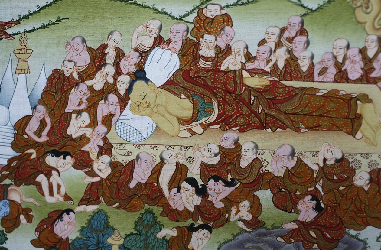 A morte de Buda ou Parinirvana. Thangka, Bhaktapur, Nepal de Unbekannt