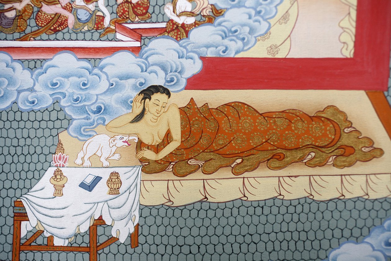 A mãe de Buda a sonhar com um elefante branco. Thangka, Bhaktapur, Nepal de Unbekannt