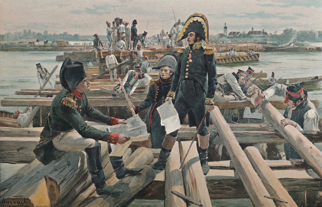 Construindo a ponte na ilha de Lobau, 1809, 1896 de Unbekannt