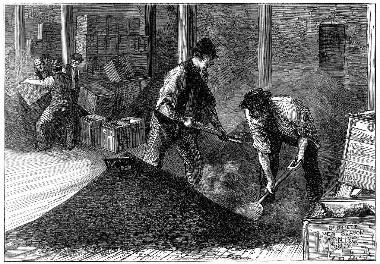Bulking chá em um armazém de chá, 1874 de Unbekannt