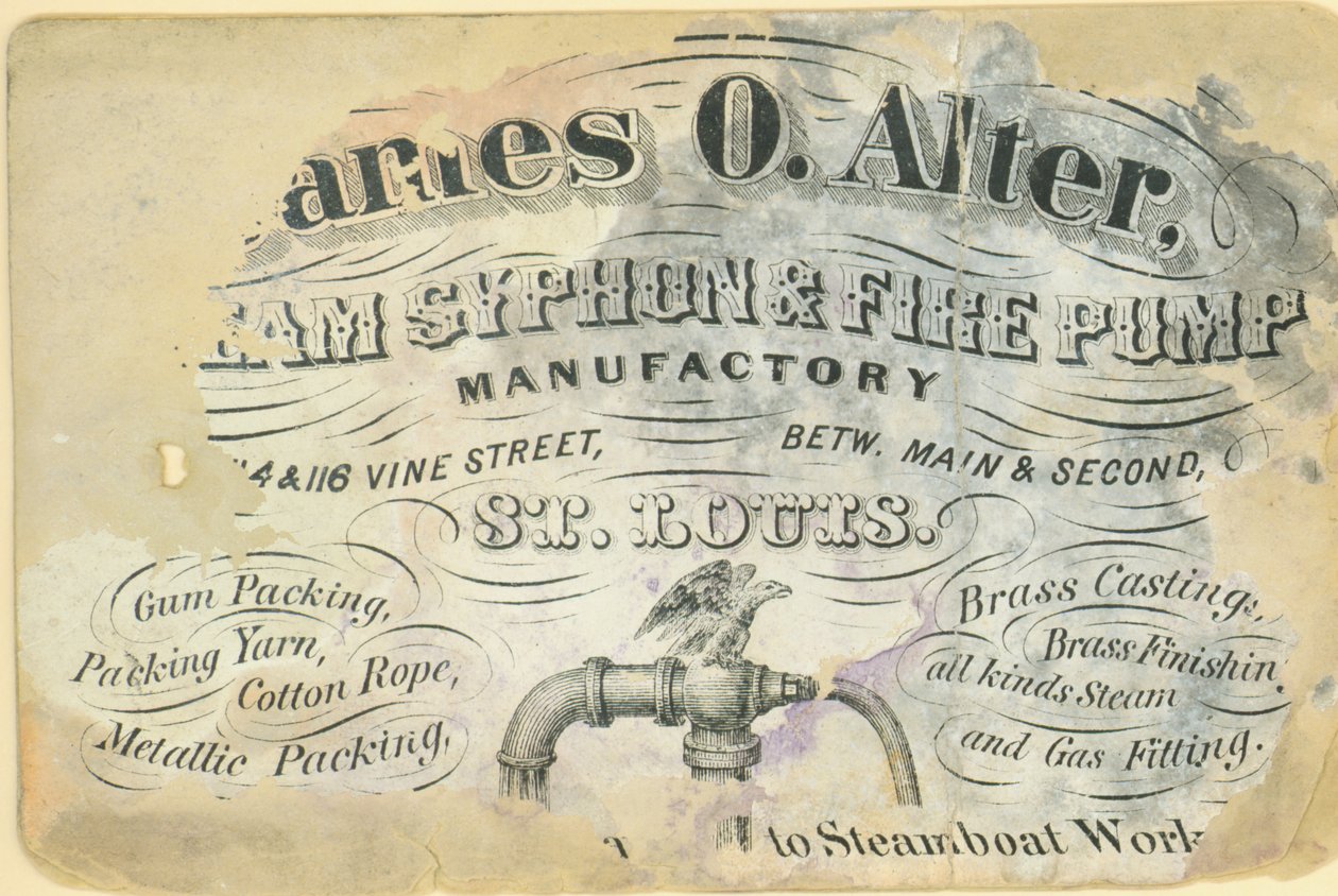 Cartão de visita de James O. Alter, fabricante de sifão de vapor e bomba de incêndio, St. Louis, ca. 1870 de Unbekannt