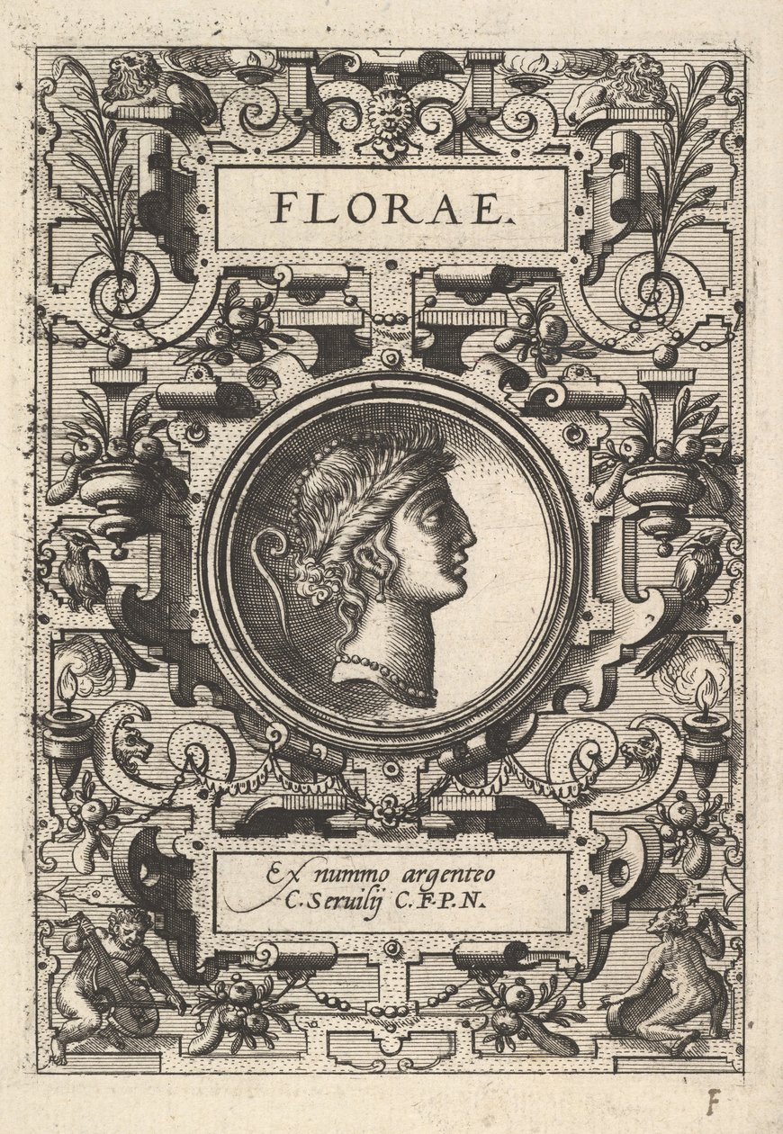 Busto de Florae rodeado de tiras, da série Deorum dearumque, um conjunto de imagens ..., 1573. de Unbekannt