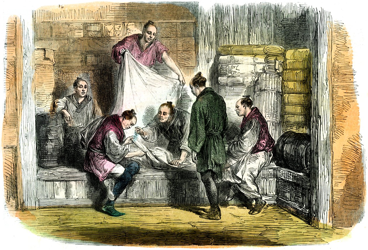 Compra de camlets em uma loja, Yokohama, Japão, 1865 de Unbekannt