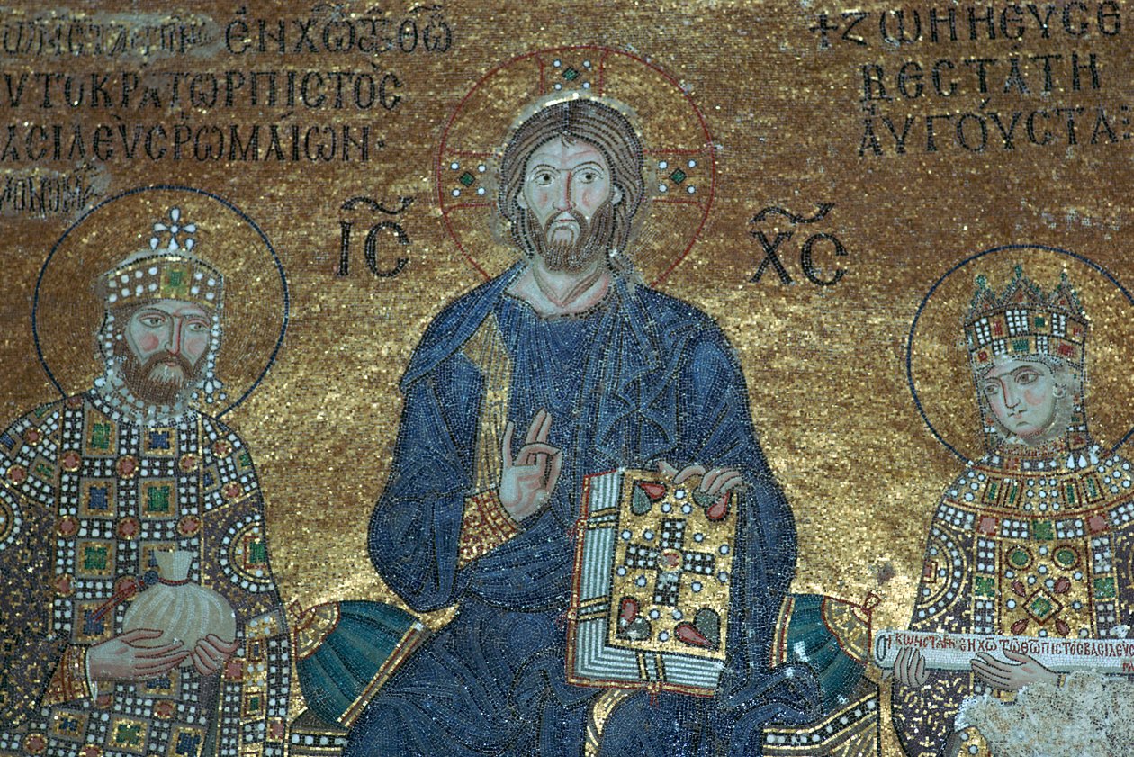 Mosaico bizantino mostrando Cristo entronizado entre os governantes terrenos, século XII de Unbekannt