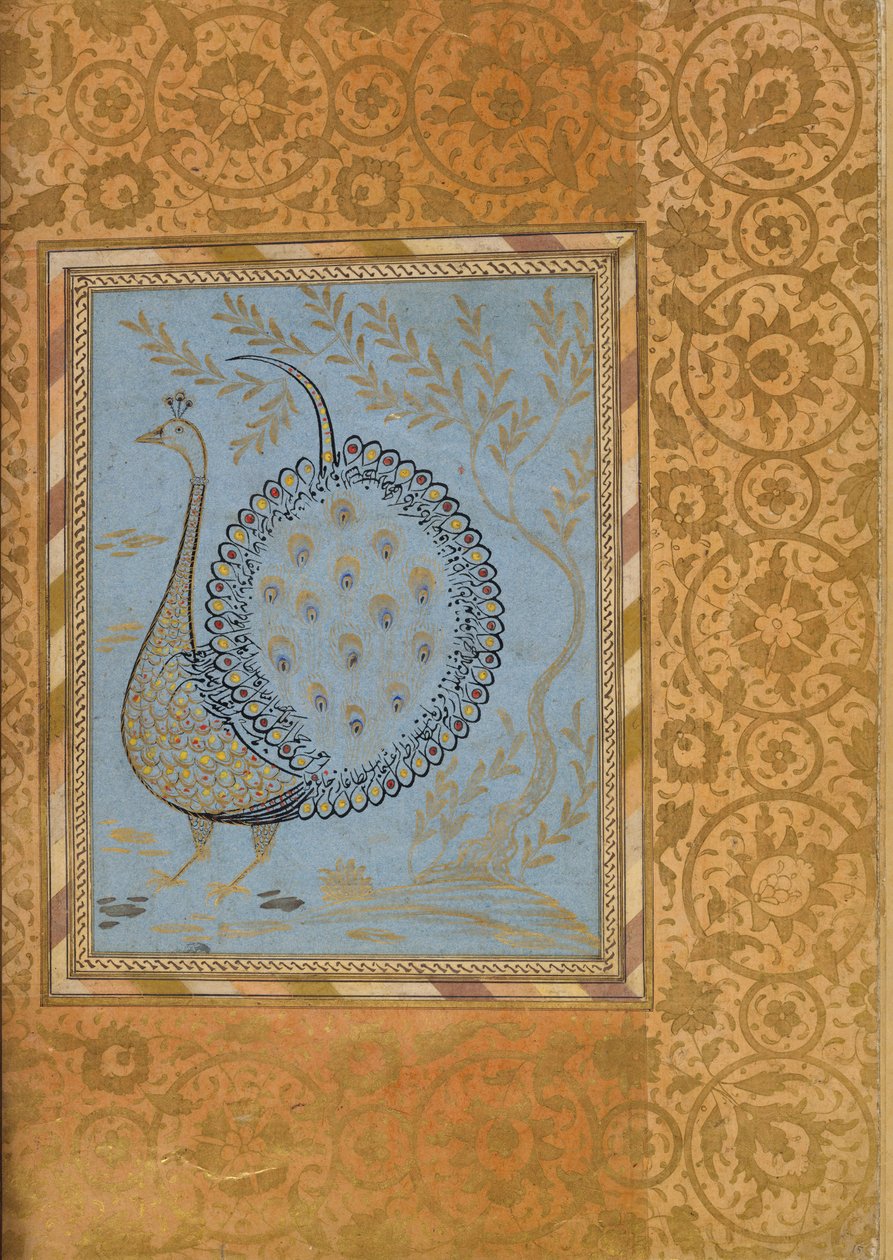 Composição caligráfica em forma de pavão, fólio do álbum Bellini, ca. 1600. de Unbekannt