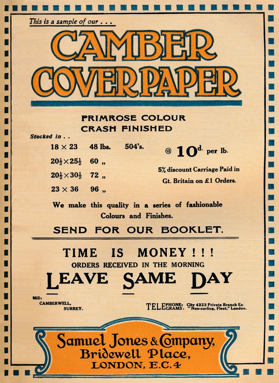 Camber Coverpaper - anúncio de Samuel Jones & Company, 1919 de Unbekannt
