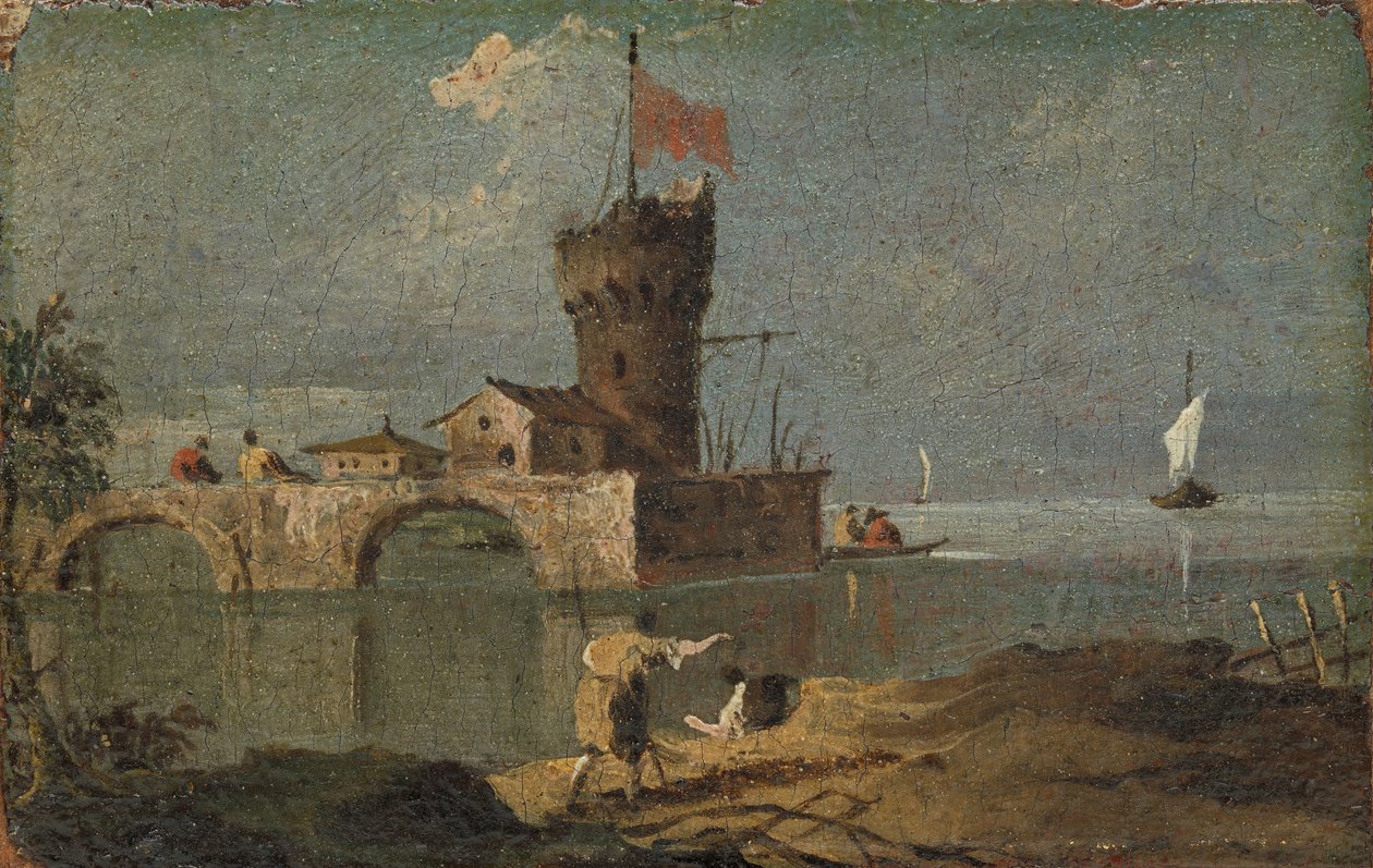 Capriccio com torre circular, duas casas e ponte, do século XVIII. de Unbekannt
