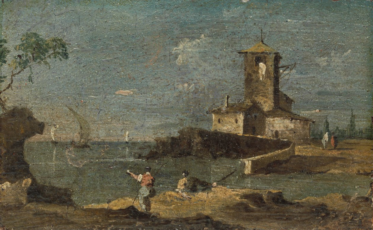 Capriccio com torre quadrada e duas casas, século XVIII. de Unbekannt
