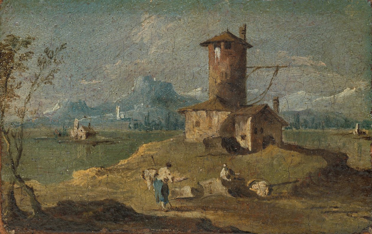 Capriccio com ilha, torre e casas, do século XVIII. de Unbekannt