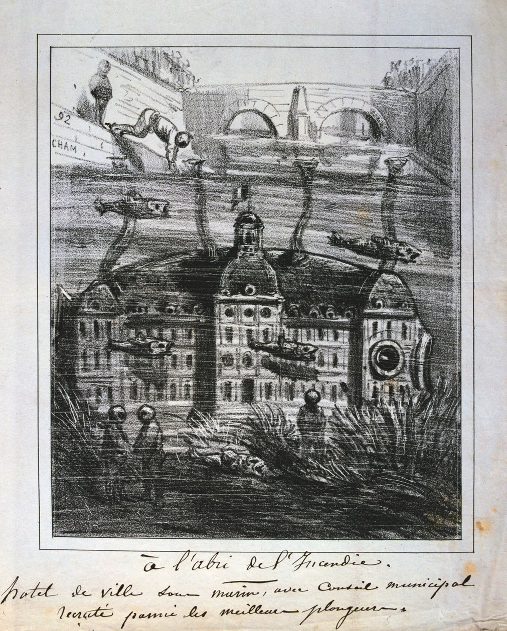 Proposta de cartum para reconstruir o Hotel de Ville debaixo d&39;água para impedir incêndio, Paris Commune, 1871. de Unbekannt