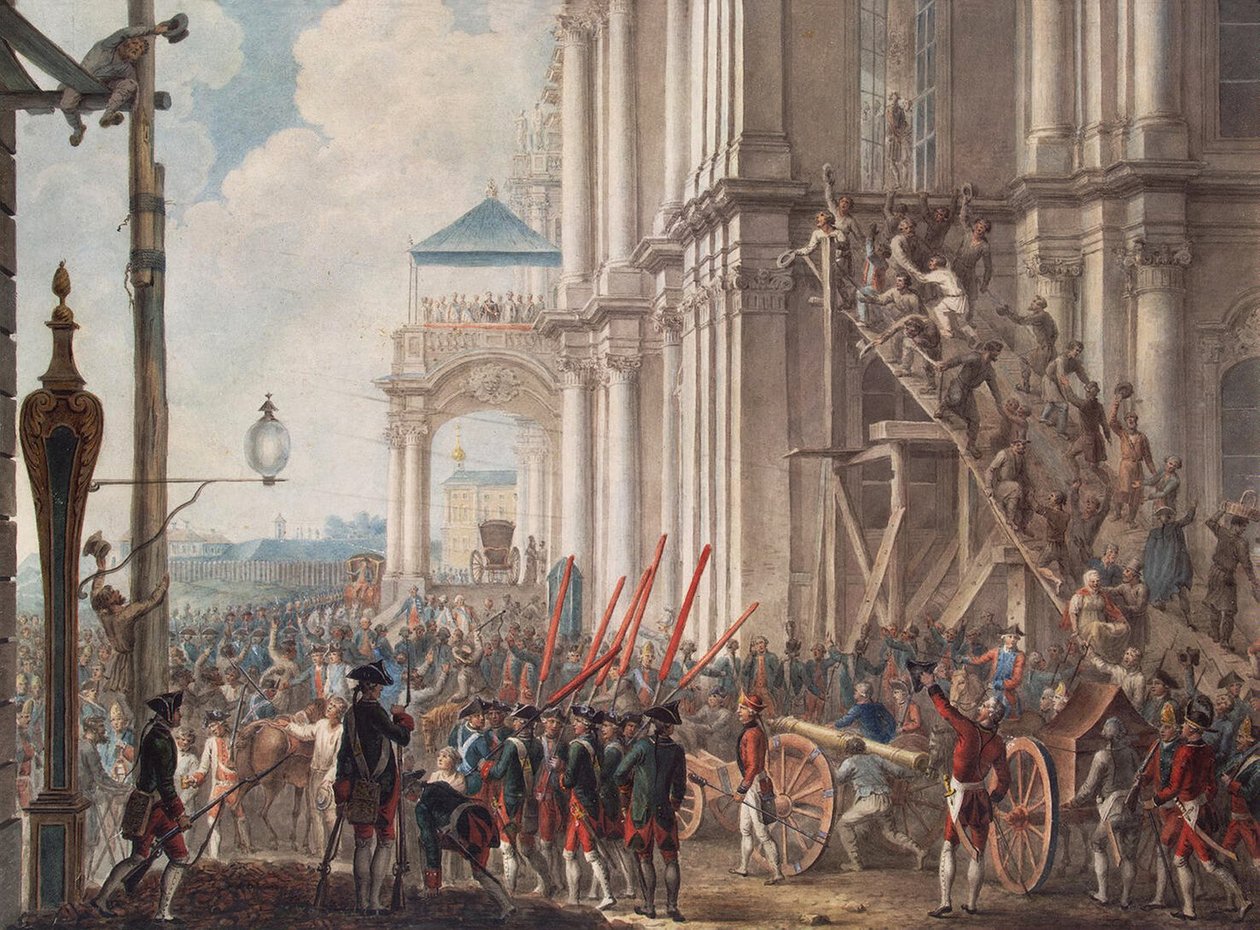 Catarina II na varanda do Palácio de Inverno, recebida pelos guardas no dia da revolução do palácio em 28 de junho de 1762, final do século XVIII. de Unbekannt